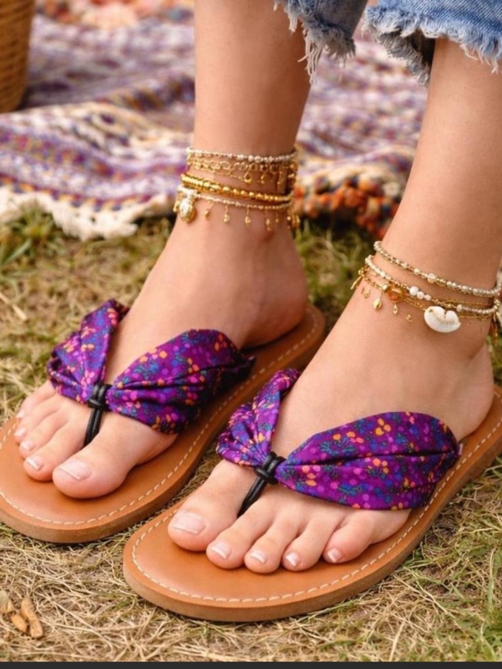 Matilda Jane Bohemian Purple Floral Satin Tie-Top Flip Flop Sandals - New In Bag